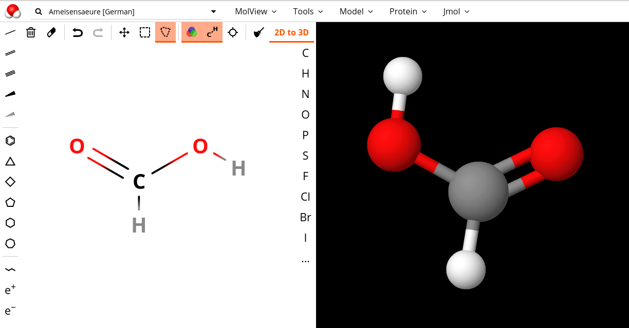 Screenshot molview.org von Ameisensäure mit Kugel-Stock-Modell.png